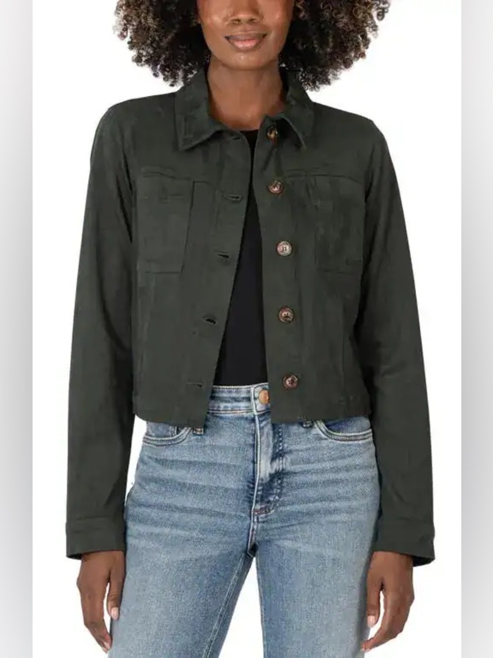 Kit from the Kloth Matilda Crop Faux Suede Trucker Jacket Hunter Green E106 - Picture 11 of 11